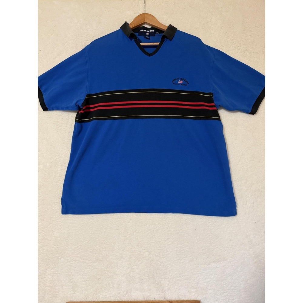 Polo Sport Ralph Lauren Shirt Mens XL Blue‎ V-Neck Collared Stripe Rugby Tee